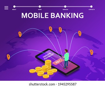 Mobile internet banking isometric. Man smartphone, stacks coins, money transaction technology, mobile payment e-commerce concept. Vector illustration
