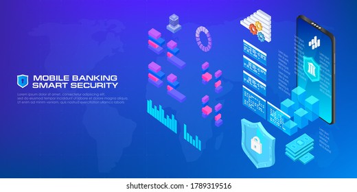 Mobile Internet banking Smart security. Vector concept banner. Reliable protection of your e-wallet from unauthorized access and hacking. Your account security system