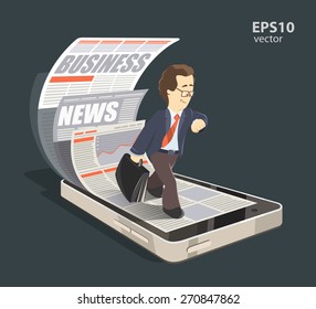 Mobile internet business news creative concept color 3d illustration. Young smile successful businessman reading new press using his mobile phone, smartphone