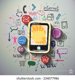 Mobile Internet collage with icons background. Vector illustration