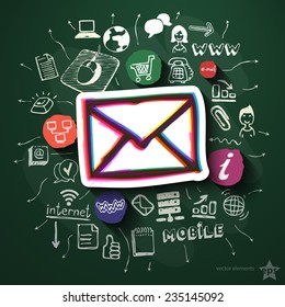 Mobile internet collage with icons on blackboard. Vector illustration