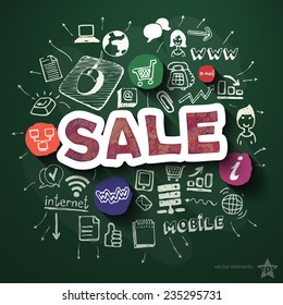 Mobile internet collage with icons on blackboard. Vector illustration