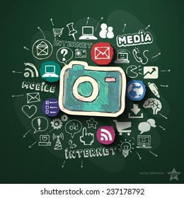 Mobile Internet collage with icons on blackboard. Vector illustration