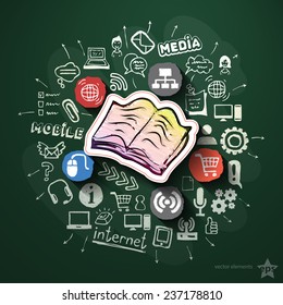 Mobile Internet collage with icons on blackboard. Vector illustration