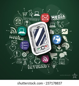 Mobile Internet collage with icons on blackboard. Vector illustration