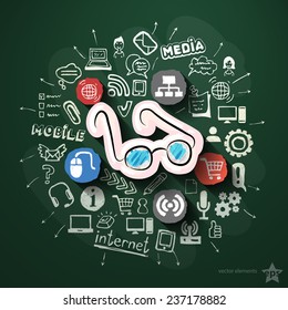 Mobile Internet collage with icons on blackboard. Vector illustration