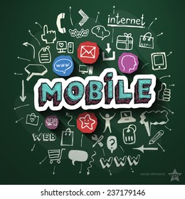 Mobile Internet collage with icons on blackboard. Vector illustration