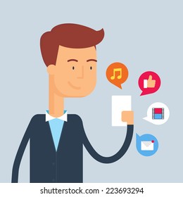 Mobile internet concept with person. Vector illustration, flat style 