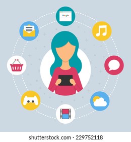 Mobile internet concept - Woman using tablet. Vector illustration for web, flat style 