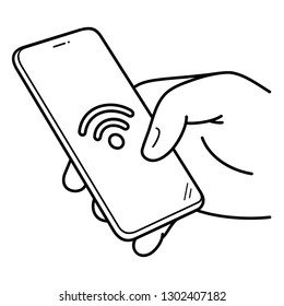 Mobile Internet. Hand holding smartphone. Vector outline icon isolated on white background.