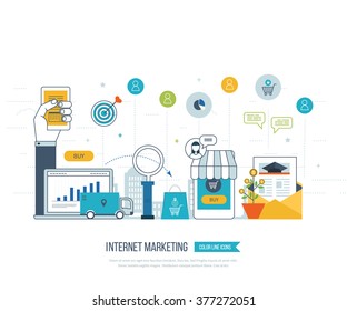 Mobile and internet marketing concept. Online shopping. Shopping basket. Investment business. Strategy for successful business. Mobile banking. Delivery service. Color line icons