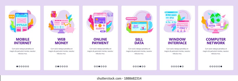 Mobile internet and online payment, web money transfer. Mobile app onboarding screens. Vector banner template for website and mobile development. Web site design illustration.
