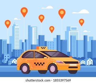 Mobile internet online taxi city application concept. Vector flat cartoon graphic design illustration