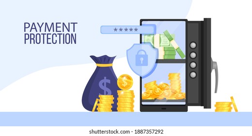 Mobile internet payment, online banking transaction data protection vector banner with safe, money bag. Financial security illustration with dollar coins, bills. Digital internet payment protection 