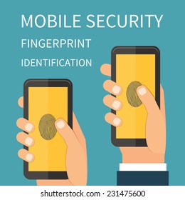 Mobile Internet Secutiry, fingerprint identification, internet security concept. Flat design vector