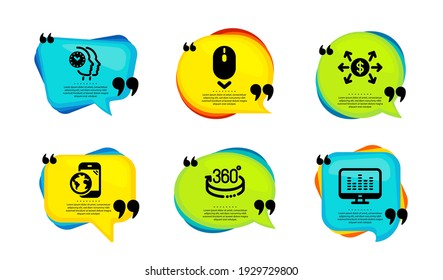 Mobile internet, Time management and Dollar exchange icons simple set. Speech bubble with quotes. 360 degrees, Scroll down and Music making signs. Online marketing, Teamwork clock, Payment. Vector
