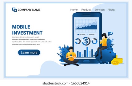 Mobile investment concept with people work on mobile phone, business investment, financial technology. Can use for web banner, infographics, landing page, web template. Flat vector illustration