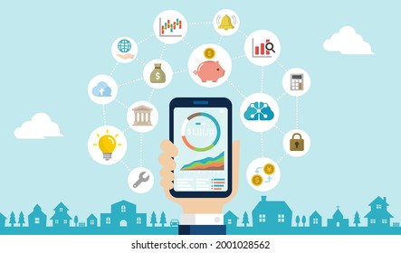 Mobile investment ( robot advisor, fin tech apps ) vector banner illustration