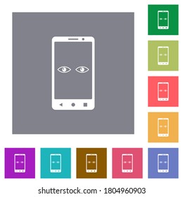 Mobile iris scanner flat icons on simple color square backgrounds