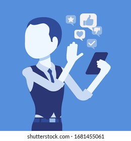 Mobile junk files from smartphone annoying man. Smart user removing space wasting trash information cleaning his phone with application, optimizing device. Vector illustration, faceless character
