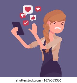 Mobile junk from smartphone annoying woman. Smart female user removing space wasting trash information cleaning his phone with application, optimizing device. Vector flat style cartoon illustration