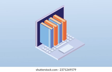 Mobile Kenntnisse, Laptop als E-Bibliothek Bücher, Bibliothekskonzept mit Farben.auf blauem Hintergrund.3D design.isometrische Vektordesign Illustration.