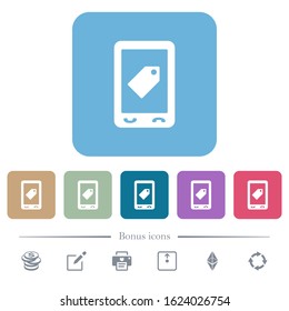 Mobile label white flat icons on color rounded square backgrounds. 6 bonus icons included