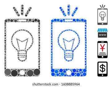 Mobile lamp light mosaic of small circles in different sizes and color tinges, based on mobile lamp light icon. Vector small circles are united into blue mosaic.