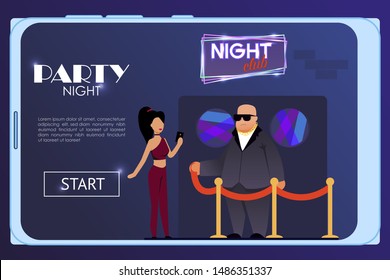 Mobile Landing Page Advertising Joyful Party Night at Nightclub on Weekends. Flat Vector Club Building with Neon Sign. Cartoon Male Guardian at Face Control and Female Visitor Illustration