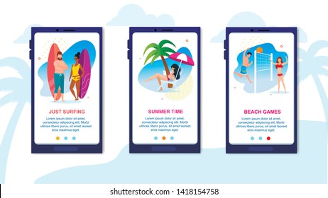 Mobile Landing Page Advertising Summer Vacation. Just Surfing, Rest or Active Games on Beach. Vector Illustration with Editable Promotion Text and Cartoon People Having Fun or Relaxing Along