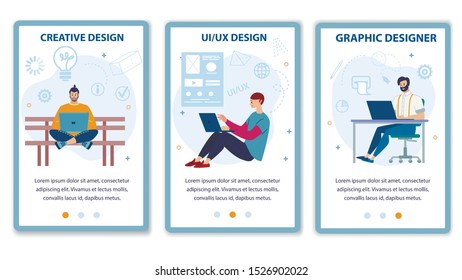 Mobile Landing Page Flat Set Offer Computer Graphic, UI UX Design Service. Cartoon Designers and Programmers Working on Creation New Software, Wireframe and Application. Vector Illustration