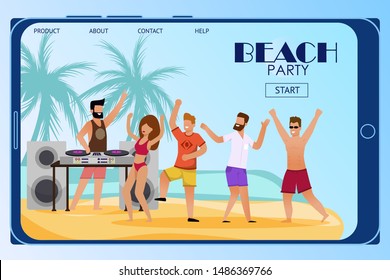 Mobile Landing Page Inviting to Beach Party. Flat Cartoon People Characters Crowd Dance on Sand under DJ Music. Disc Jockey Mixing Tracks on Turntable. Open Air Discotheque. Vector Summer Illustration