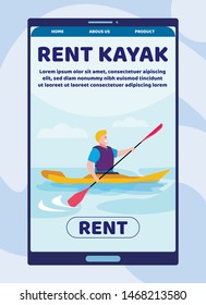 Mobile Landing Page Offering Kayak Rent Online. Booking Sports Equipment for Active Summer Rest via Internet. Cartoon Mobile Screen Male Rower on Canoe with Paddle. Vector Flat Illustration