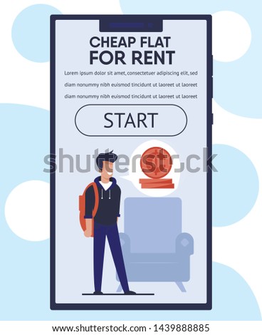 Mobile Landing Page Offers Cheap Flat for Rent with Cartoon Male Student Character and Advertising Text. Webpage or Stories for Online Real Estate Agency. Lower Income Apartment. Vector Illustration