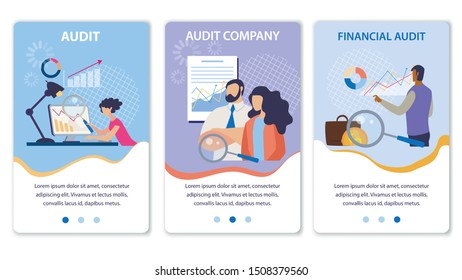 Mobile Landing Page Set Offering Financial Company Audit. Cartoon People Analytics Team Characters Working on Finance Balance Valuation, Calculating Business Risks. Vector Flat Illustration