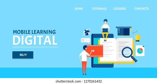 Mobile learning, Learning app, Digital courses, Video tutorials, Online classes flat design vector banner template