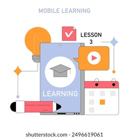 Mobile learning concept. Digital education through smartphone interface with icons for lessons, calendar, and video play. E-learning accessibility. Vector illustration.
