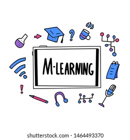 Mobile learning concept. Online education. Qute and school symbols in doodle style. Vector color illustration.