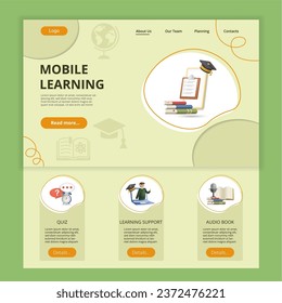 Mobile learning flat landing page website template. Quiz, learning support, audio book. Web banner with header, content and footer. Vector illustration.