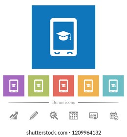 Mobile learning flat white icons in square backgrounds. 6 bonus icons included.
