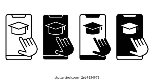 Mobile Learning Icons Graduation Cap on Smartphone Screen with Hands Interacting Vector Design Illustration