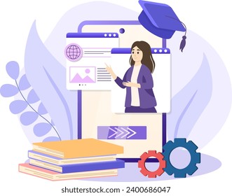 Mobile learning illustration. Concept of mobile learning, e-learning and online courses application. Education and back to school.