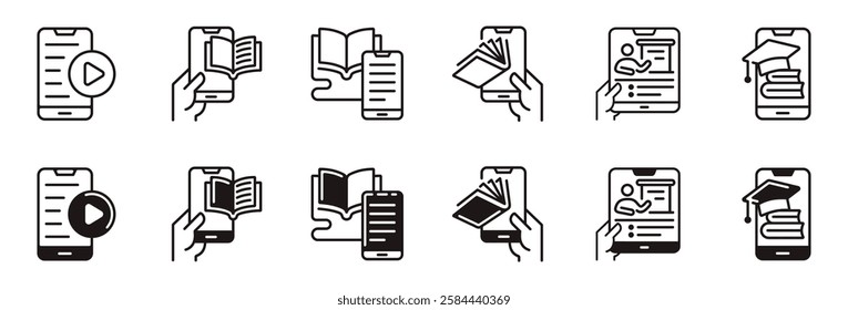 mobile learning online icon line set education course e-learning class study virtual read book library signs vector outline illustration for web and app