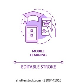 Mobile Learning Purple Concept Icon. Remote Access. Electronic Training Abstract Idea Thin Line Illustration. Isolated Outline Drawing. Editable Stroke. Roboto-Medium, Myriad Pro-Bold Fonts Used