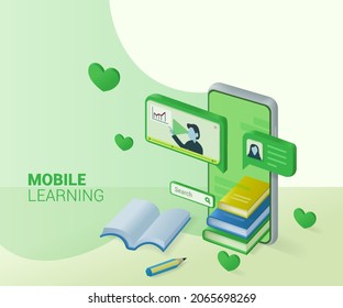 Mobile learning using a smartphone. 3D illustration.