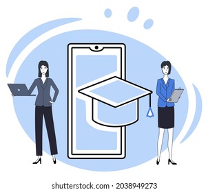 Mobile lessons.Using mobile apps for studying.Online education and online training.People on the background of a smartphone.Flat vector illustration.