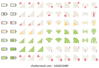 Iconos de nivel móvil. Icono de señal de red, conexión WiFi y niveles de batería. Baterías de gadgets, pictograma de señales telefónicas o barra de cargador de estado wifi. Conjunto vectorial de símbolos aislados