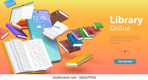 Mobile Library, Reading Books Online, Distance Education. 3D Isometric Flat Vector Conceptual Illustration.