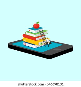 Mobile library in smartphone vector illustration. Isometric 3d online booking