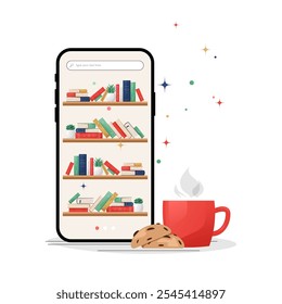 Mobile library with stack of books for online reading with mug and cookies